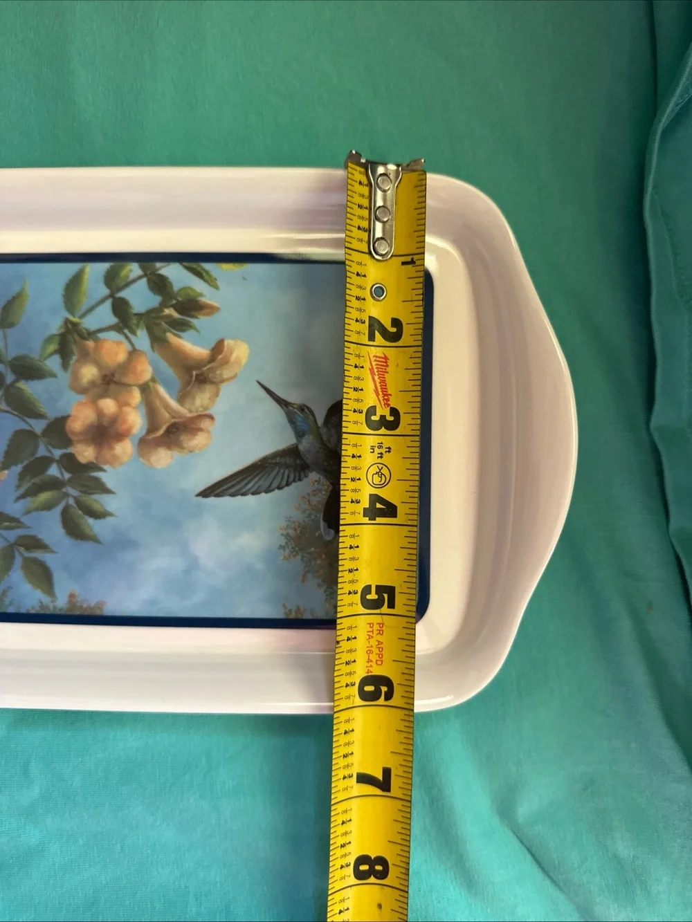 Hummingbird melamine Serving Tray in Teal and White 14.5”x6”